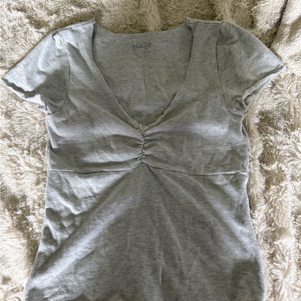 John Galt Gray V-Neck Ruched Women Top